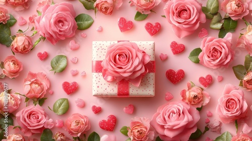 Pink roses and heart decorations surrounding a gift box with ribbon