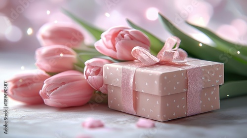 Elegant pink tulips and gift box with sparkling ribbon for a romantic celebration