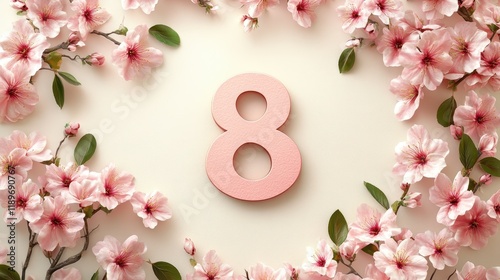 Elegant pink number eight surrounded by delicate cherry blossoms on cream background