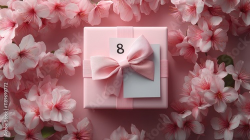 Elegant pink gift box with bow surrounded by cherry blossoms and number 8 card