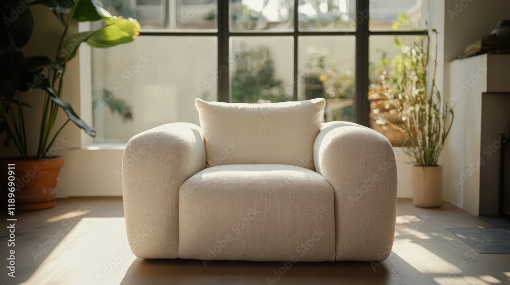Fototapeta premium Serene Sunlight Illuminates Modern Armchair in Minimalist Living Room