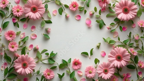 Wallpaper Mural Pink gerbera daisies and petals on white background with green leaves Torontodigital.ca