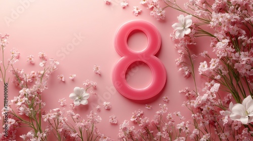 Pink number eight amid blossoming cherry flowers on a soft pastel background