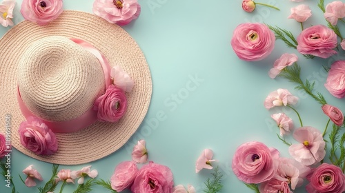 Elegant straw hat with pink flowers on pastel background