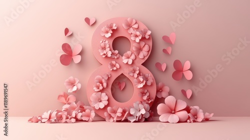 Pink floral number 8 with delicate paper flowers and hearts design