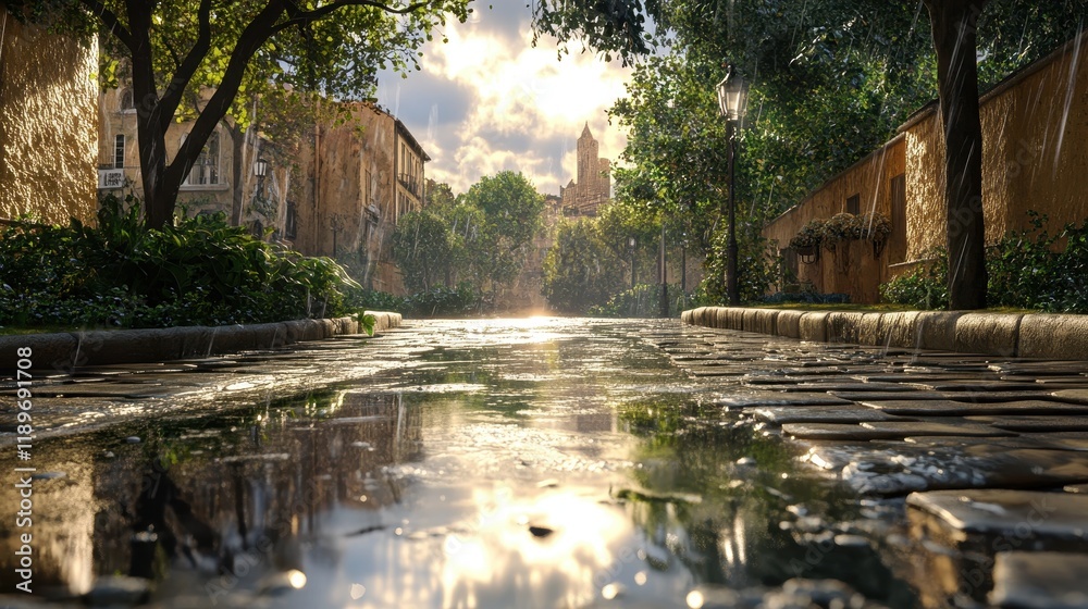 Serene rain-soaked cobblestone street at sunset with historic architecture Serene rain-soaked cobblestone street at sunset with historic architecture