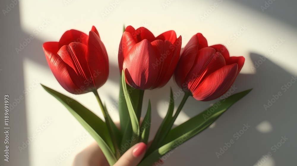 Fototapeta premium Hand holding red tulips in sunlight with soft shadows