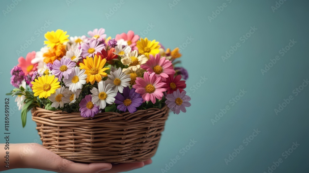 Fototapeta premium Basket of colorful flowers held by hand against teal background