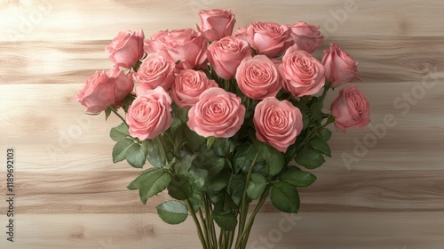 Beautiful bouquet of pink roses against wooden background display