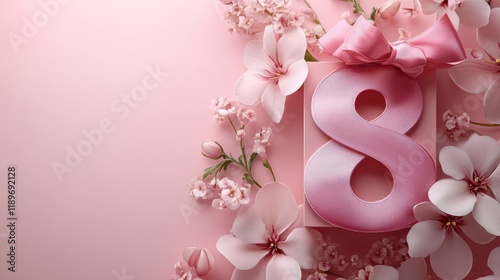 Elegant pink floral composition with ribbon number 8 for celebration