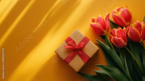 Gift box with red ribbon and tulips on vibrant yellow background