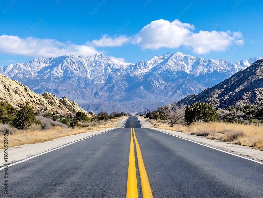 Naklejka premium Scenic Road Leading to Majestic Snow-Capped Mountains Under Clear Blue Sky with Perfect Horizon : Generative AI