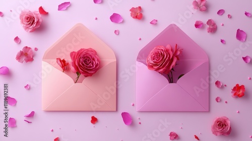 Romantic envelopes with roses and petals on pink background