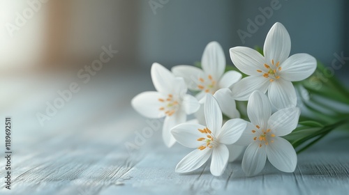 White lily flowers on wooden surface with soft lighting