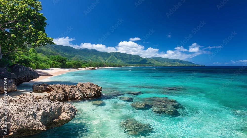 Breathtaking Tropical Cove with Clear Turquoise Waters and Lush Green Mountain Backdrop : Generative AI Breathtaking Tropical Cove with Clear Turquoise Waters and Lush Green Mountain Backdrop : Generative AI