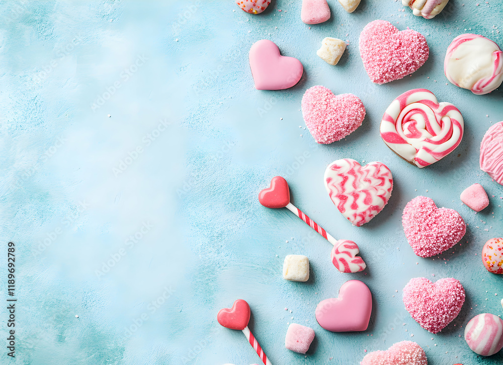 Fototapeta premium Sweet Valentine's Day Treats: Pink Candy Hearts and Lollipops