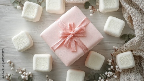 Pink gift box with ribbon surrounded by marshmallows on wooden table