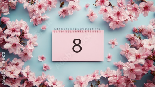 Pink cherry blossoms surrounding calendar page with number 8 on light blue background