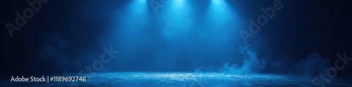 Dimly lit empty stage with blue smoke and faint glow of spotlights, shadowy, theater, stage