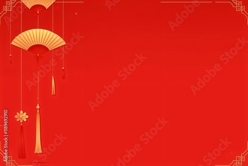 Frame with golden fans on red background. Traditional asian design for Chinese New Year, Mid-Autumn Festival, National Day, Qixi. Template with copy space for greeting card, banner, poster, invitation photo