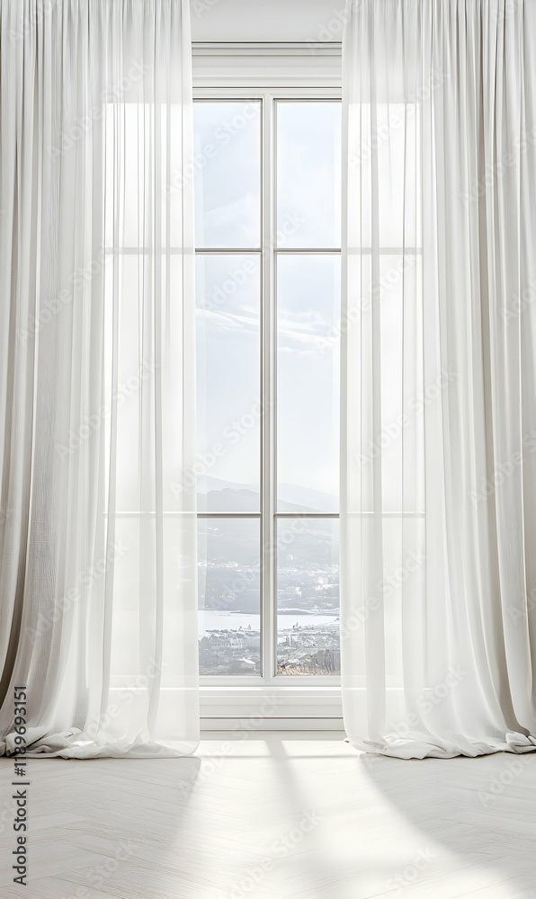 Fototapeta premium Serene View Through Sheer Curtains: A Breathtaking Panorama