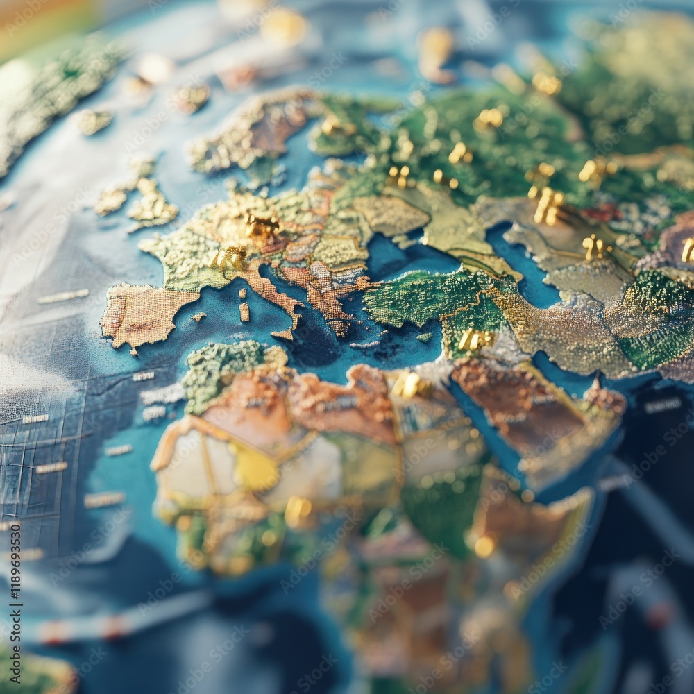 A Close-Up View of a Detailed 3D Globe, Showcasing Europe and Surrounding Regions with Intricate Textures and Golden Accents. A Close-Up View of a Detailed 3D Globe, Showcasing Europe and Surrounding Regions with Intricate Textures and Golden Accents.