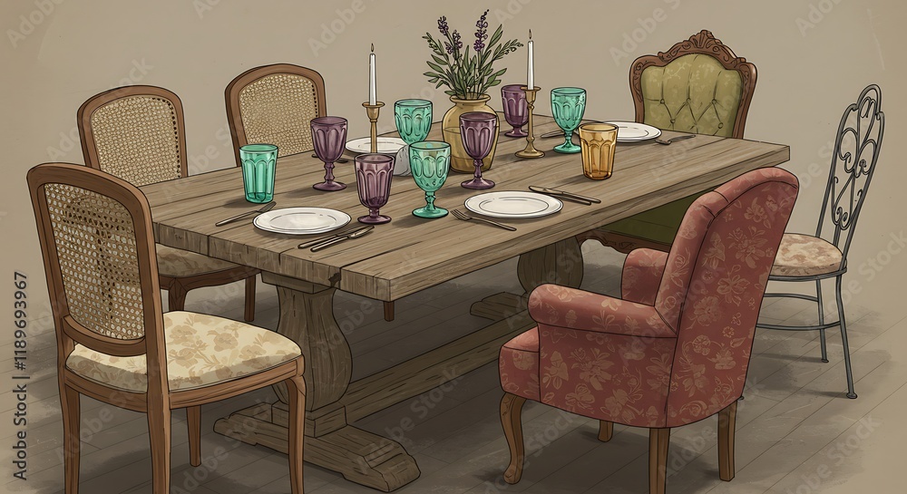 Rustic dining table with carved chairs, colorful dinnerware, lavender floral pattern, and warm candles. Rustic dining table with carved chairs, colorful dinnerware, lavender floral pattern, and warm candles.