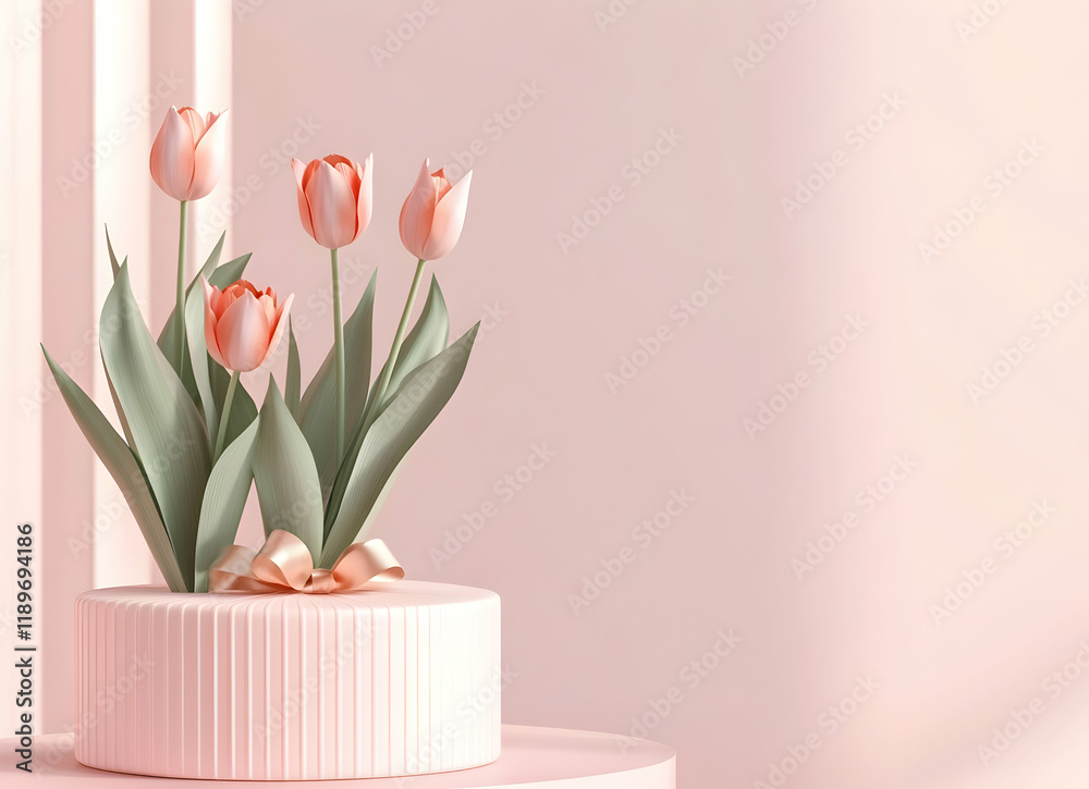 Obraz premium Elegant Pink Tulips on a Pastel Cake Stand