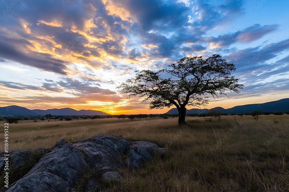 Obraz premium Serene Sunset Over African Savanna with Lone Tree and Mountains Landscape : Generative AI