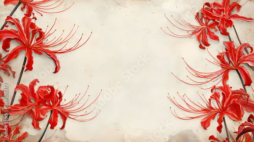 Red spider lilies frame on vintage paper background. Seapearl. Illustration