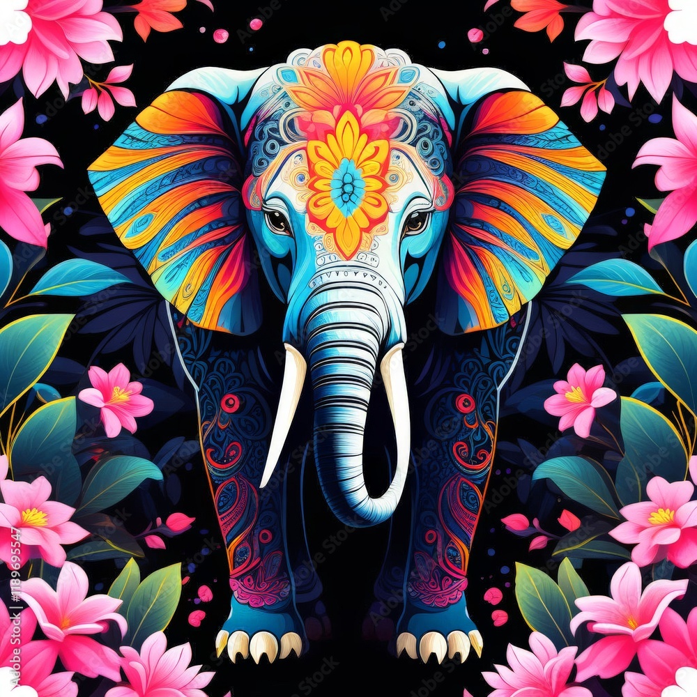 Obraz premium colorful elephant on the background of flowers