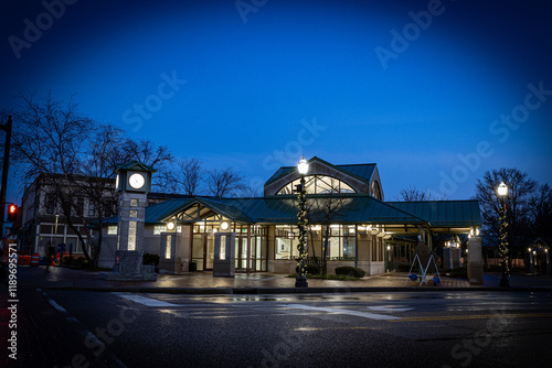 City lights in front of Madison County Transit Station in Edwardsville, Illinois, captured in the early morning hours before sunrise. photo