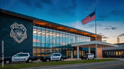 Modern police station exterior with a large police badge symbol, official vehicles parked outside, and a flagpole flying the national flag.