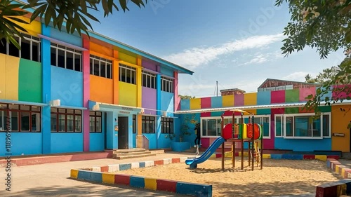 Wallpaper Mural School Building: Primary school exterior with colorful walls, a playground in front. Torontodigital.ca
