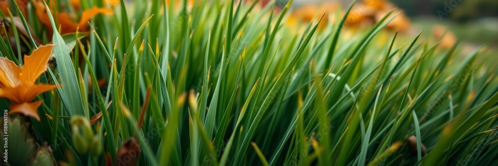 Vibrant Green Grass with Orange Flowers in Macro Photography Vibrant Green Grass with Orange Flowers in Macro Photography