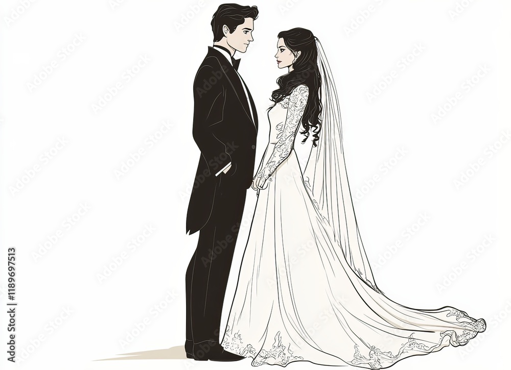 Fototapeta premium Elegant young couple in wedding attire, the man in a black tuxedo and the woman in a white wedding dress, standing together on a pastel background.