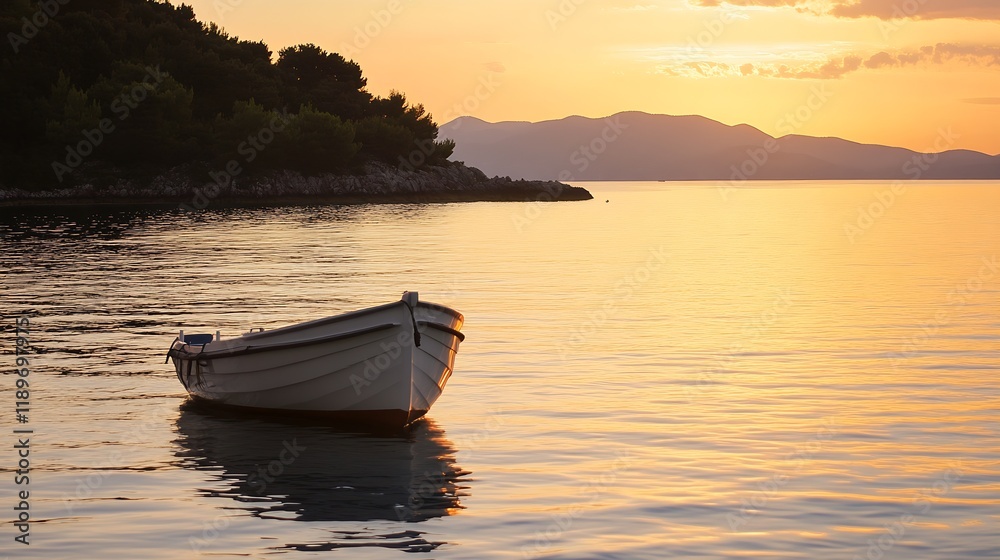 Naklejka premium Serene Sunset Over Calm Waters with Docked Boat and Distant Hills : Generative AI