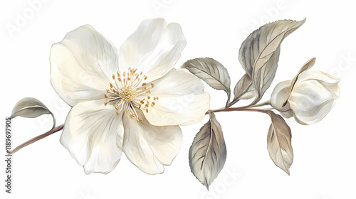 Watercolor illustration of a delicate flower with soft petals and detailed leaves on a white background. Seapearl. Illustration