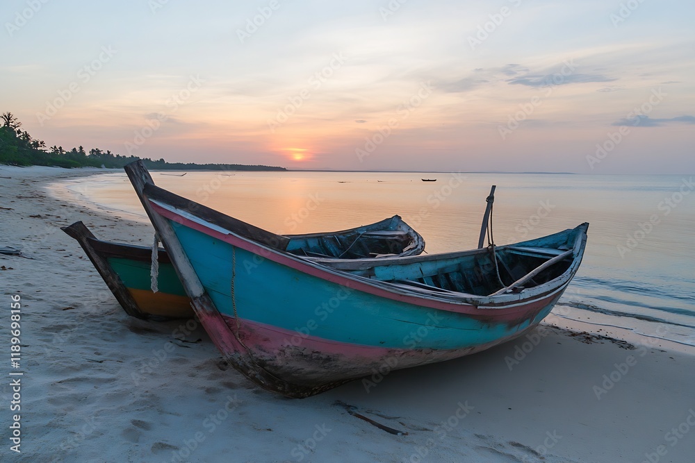 Colorful Boats Rest on Tropical Beach at Sunrise in Serene Island Paradise : Generative AI Colorful Boats Rest on Tropical Beach at Sunrise in Serene Island Paradise : Generative AI