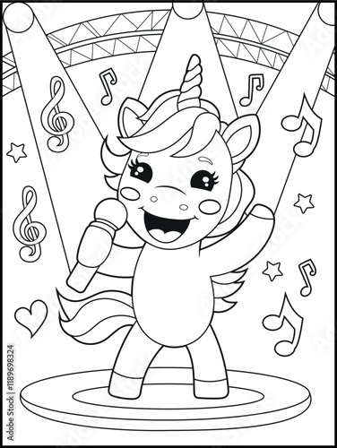 Printable Unicorn coloring page for kids. a cute unicorn singing. Adorable unicorn cartoon characters for children's activity books.
