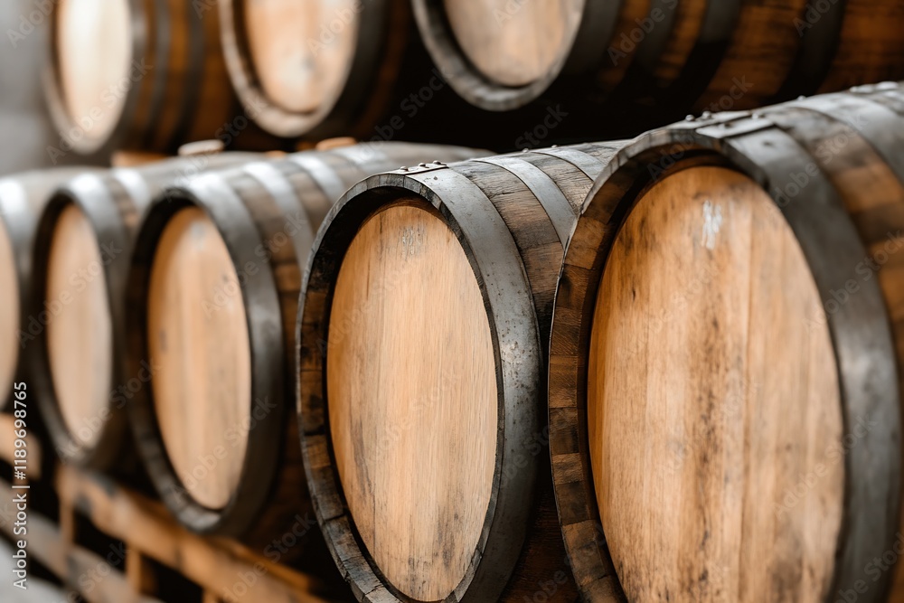 Stack of Wooden Barrels for Aging Wine in a Cellar Setting : Generative AI Stack of Wooden Barrels for Aging Wine in a Cellar Setting : Generative AI