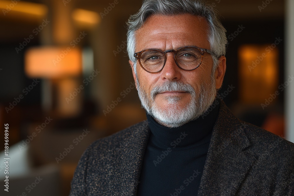 A distinguished older man with glasses and a beard poses in a stylish setting. A distinguished older man with glasses and a beard poses in a stylish setting.