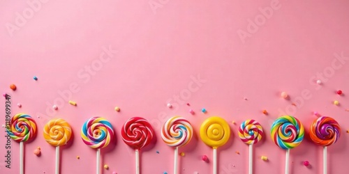 A Delightful Row of Colorful Swirled Lollipops on a Pink Background with Festive Sprinkles