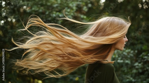 Woman with long blonde hair blowing in the wind outdoors.