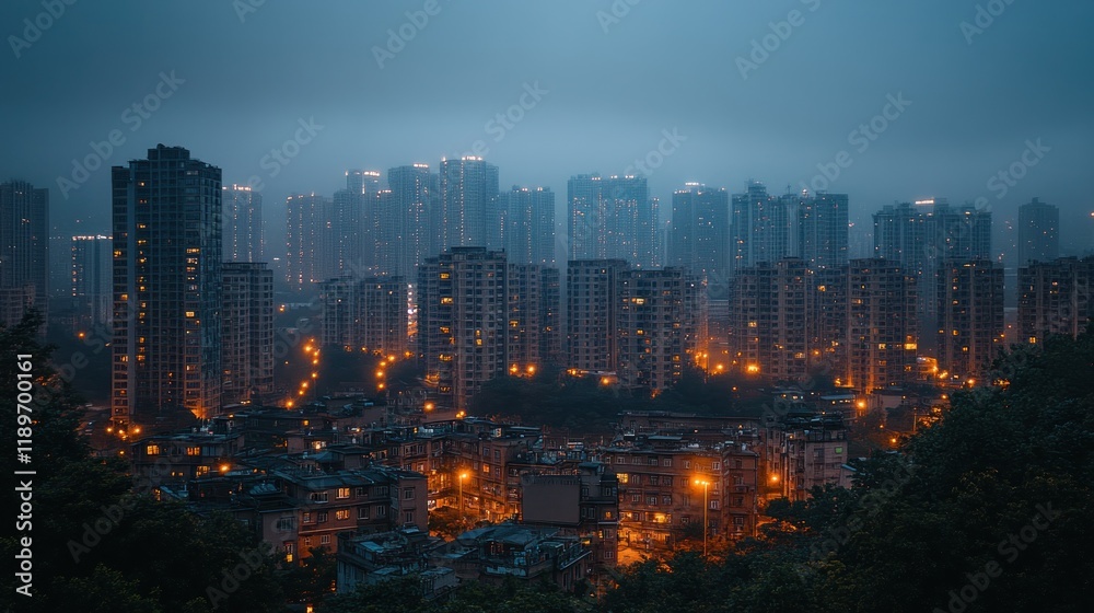 Obraz premium Cityscape at twilight, hazy, urban sprawl.