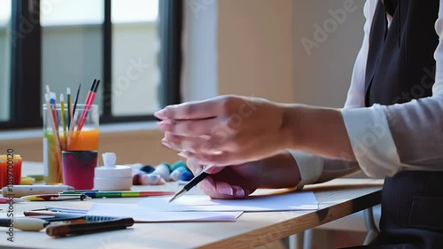 Creative Artist Sketching in Minimalist Studio with Natural Light, Vibrant Paint Colors, Cinematic Composition, Inspiration, Creativity, and Modern Aesthetic Art