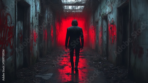Man in suit walking down a dark, red-lit, graffiti-covered corridor in an abandoned building.