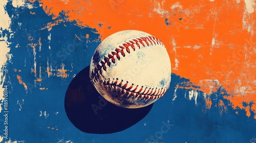 Vintage baseball sport or game ball illustration on orange and blue background. Professional league play, copy space, club tournament abstract poster, university or college championship competition photo