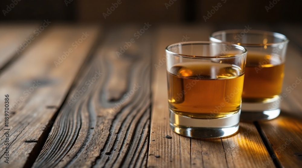 Two glasses of amber liquid rest on a rustic wooden surface, bathed in soft, warm light. A moment of quiet contemplation. Two glasses of amber liquid rest on a rustic wooden surface, bathed in soft, warm light. A moment of quiet contemplation.