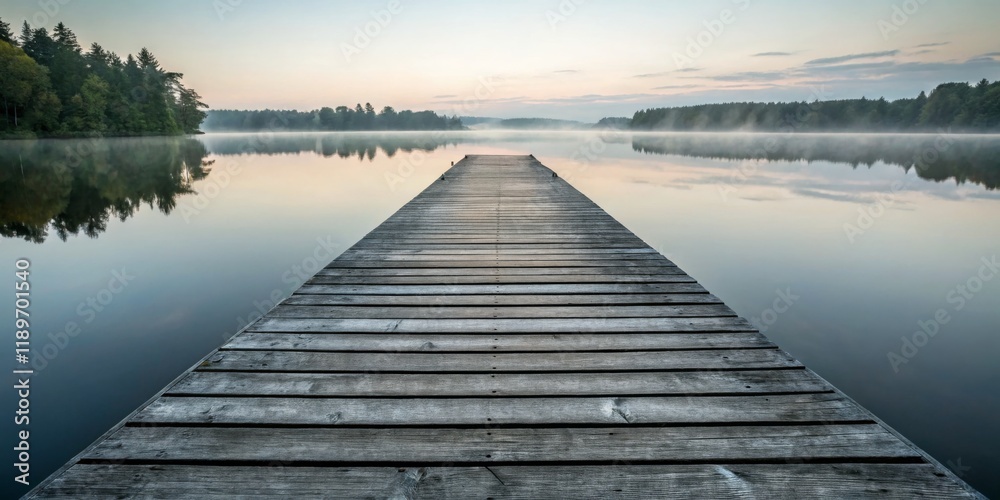 Naklejka premium Serene wooden dock extending over calm morning lake with mist in the background and lush trees surrounding the water
